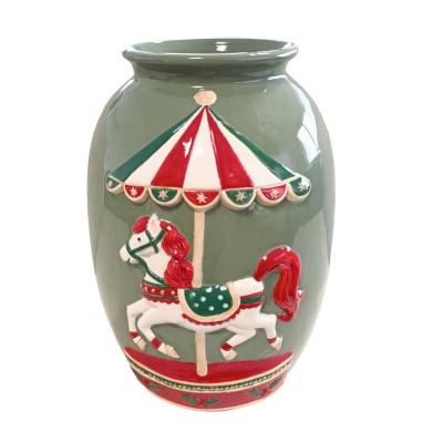 Tall Ceramic Vase W/Horse - Dark Green - 24X23.5 H33.5Cm
