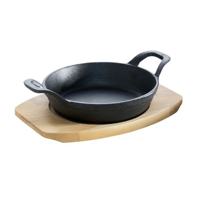 Pan with 2 handles/Wooden Coaster - Cast Iron D18cm