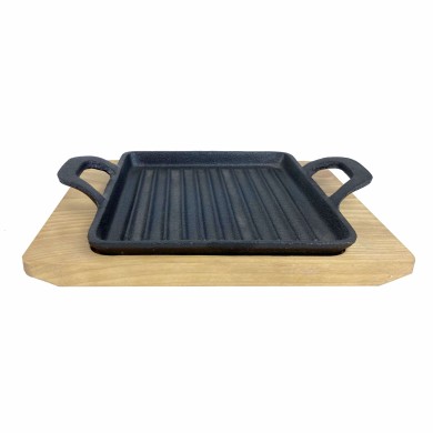 Pan with 2 handles/Wooden Coaster - Cast Iron 19.5x14cm