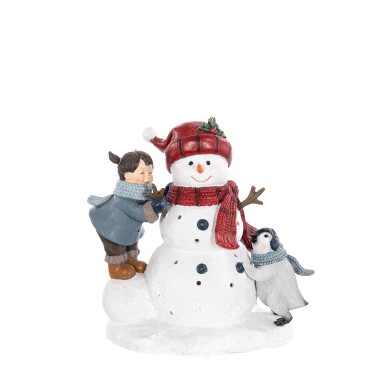 Decorative Snowman with Kids - White 21X13X21cm
