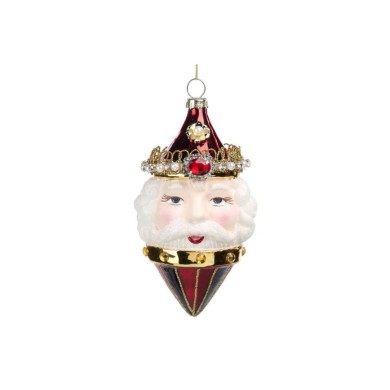 Glass Jewel Santa Head Finial Orn. - Red/White/Gold - 14Cm