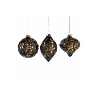 Glass Jewel Flower Ball/Finial Orn. (3 Ass.) - Black/Gold - 11,5Cm