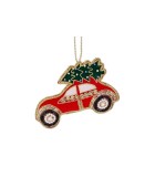 Embroidered Xmas Car With Tree Orn - Red/Green/Gold - 13Cm Embroidered Xmas Car With Tree Orn - Red/Green/Gold - 13Cm