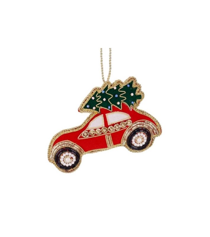 Embroidered Xmas Car With Tree Orn - Red/Green/Gold - 13Cm Embroidered Xmas Car With Tree Orn - Red/Green/Gold - 13Cm