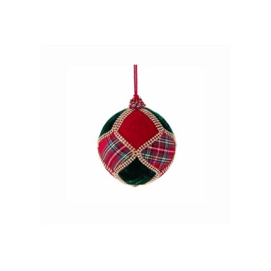 Velvet Tartan Jewel Net Ball Orn - Red/Green - 12Cm Velvet Tartan Jewel Net Ball Orn - Red/Green - 12Cm