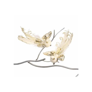 Plume Swirl Flying Bird On Clip (2 Ass) - Cream/Gold - 18Cm