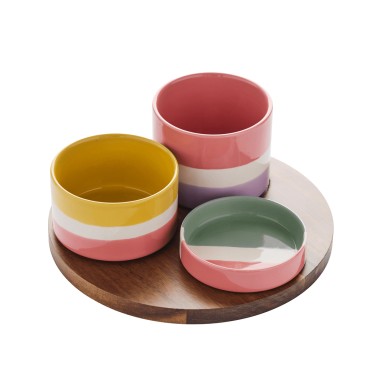 Sharing Set with 3 Bowls & Tray - Acacia Wood & Stoneware - 23.5 × 23.5 × H12 cm Sharing Set with 3 Bowls & Tray - Acacia Wood & Stoneware - 23.5 × 23.5 × H12 cm