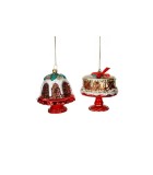Glass Xmas Cake & Pudding On Stand Ornament (2 Ass.) - Red - 10Cm