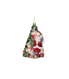 Glass Santa With Xmas Tree & Gifts Ornament - Red/Green - 15Cm