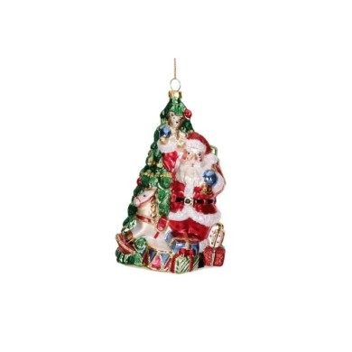 Glass Santa With Xmas Tree & Gifts Ornament - Red/Green - 15Cm