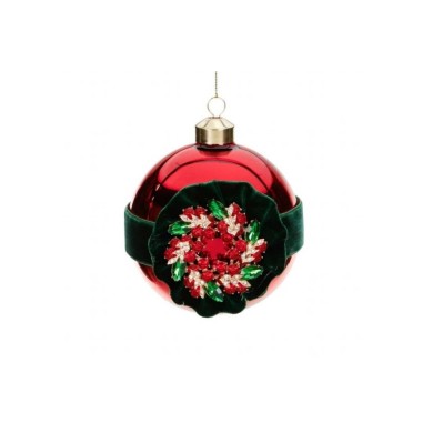 Glass Jewel Ruffle Ball Ornament - Red/Green - 10Cm