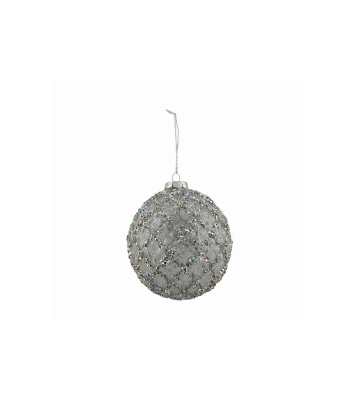 Glass Ornament Ball - Transparent with Silver Sequins Diamond Pattern - 10cm Glass Ornament Ball - Transparent with Silver Sequins Diamond Pattern - 10cm