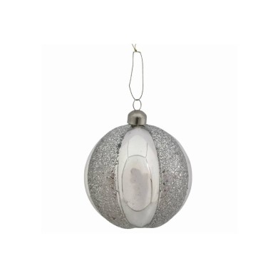 Glass Ornament Ball - Silver Glitter Striped - 10cm Glass Ornament Ball - Silver Glitter Striped - 10cm