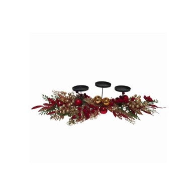 Centerpiece with Candle Holder 3 Positions Leaves & Balls Red Décor - 90 x 21cm Centerpiece with Candle Holder 3 Positions Leaves & Balls Red Décor - 90 x 21cm