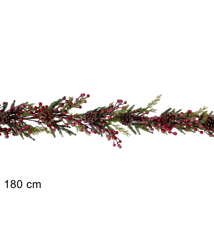 Christmas Snowy Garland With Branch, Berries and Pine Cones- Green/ Red - H152cm Christmas Snowy Garland With Branch, Berries and Pine Cones- Green/ Red - H152cm