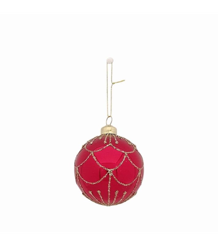Glass Christmas Ornament Ball - Red with Gold Decor - 8cm Glass Christmas Ornament Ball - Red with Gold Decor - 8cm