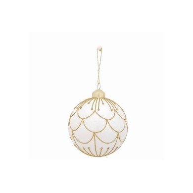 Glass Ornament Ball - White with Gold Decor - 10cm Glass Ornament Ball - White with Gold Decor - 10cm