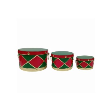 Set of 3 tin drum-style canisters with red/green decoration Set of 3 tin drum-style canisters with red/green decoration